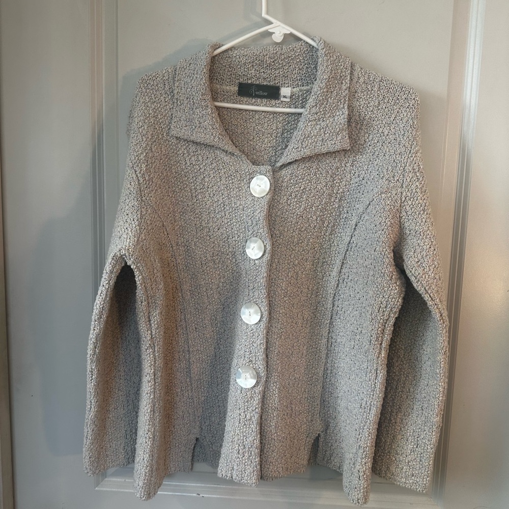 Willow Cotton Blend Chunky Knit Big Button Lagenlook Oatmeal Cardigan, Size XL